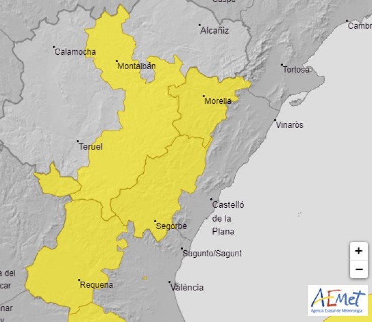 Mapa de las zonas en las que se ha ampliado la alerta amarilla por fuertes rachas de viento. | Aemet