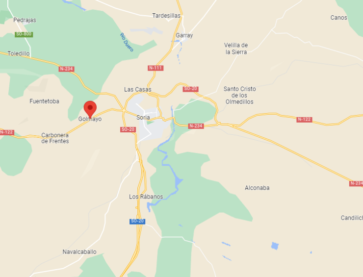 El accidente se ha producido en la carretera nacional N-122, a la salida del municipio soriano de Golmayo. / Google Maps