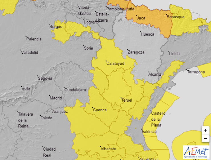 Mapa de las alertas que estará activas el lunes en Aragón | Aemet