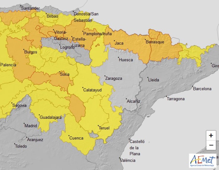 Mapa de alerta de la AEMET para este jueves en Aragón./ AEMET.