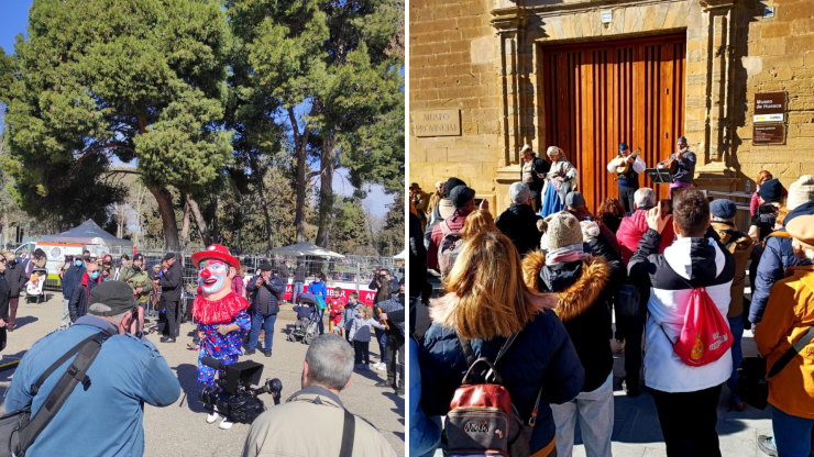Celebración de la Cincomarzada el año pasado en el Tío Jorge (izq.) y las visitas guiadas organizadas por el Ayuntamiento de Huesca (dcha.). / Europa Press