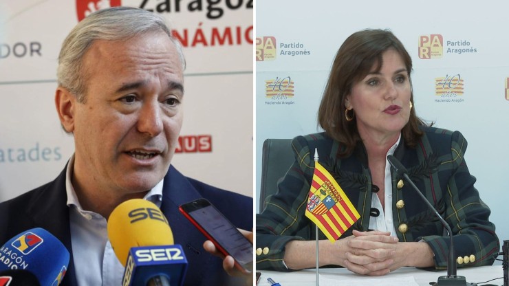 A la izquierda, Jorge Azcón, presidente del PP Aragón, y a la derecha, Elena Allué, presidenta de Aragoneses