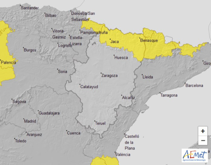 Mapa del aviso amarillo por tormentas previsto para este domingo en Aragón. | AEMET