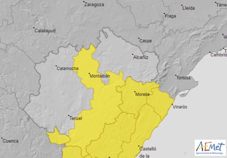 Mapa de las zonas para las que se ha emitido el aviso por las tormentas en Aragón. | Aemet