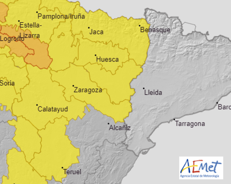 Mapa de los avisos por tormenta que están activos este domingo en Aragón y provincias limítrofes. | Aemet
