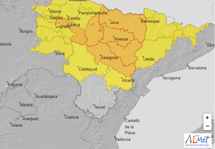 El nivel de aviso naranja afecta a toda la mitad norte de Aragón./ AEMET
