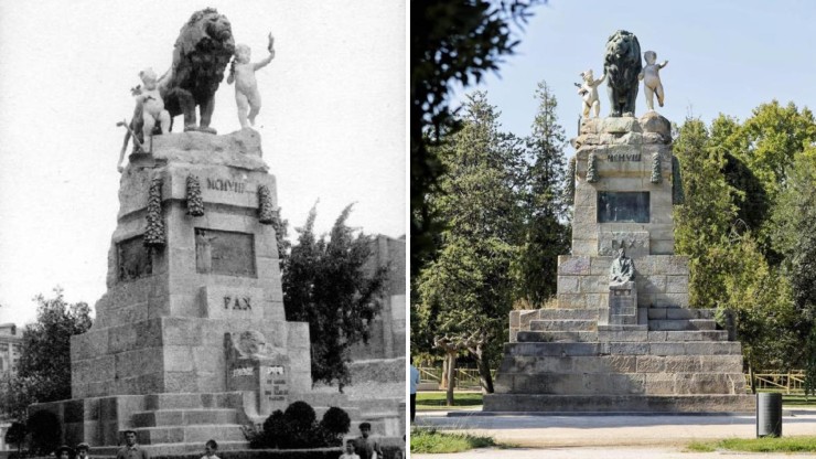 El Monumento a la Exposición Hispano Francesa de 1908, en 1910 y ahora. / Ayuntamiento de Zaragoza