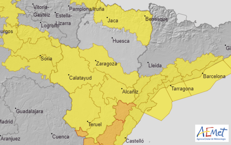 Mapa de alertas en Aragón para este viernes. | Aemet