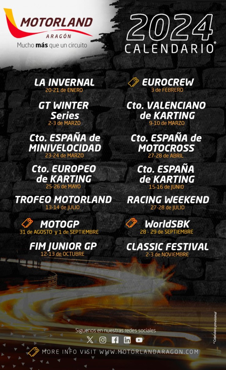 Calendario deportivo de Motorland Aragón para 2024.