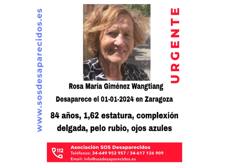 Rosa María Giménez, de 84 años, desapareció el día 1 de enero en la capital aragonesa. / Sos Desaparecidos