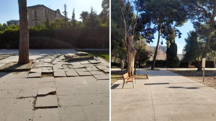 Antes y después de uno de los andadores del parque Delicias. | Ayuntamiento de Zaragoza