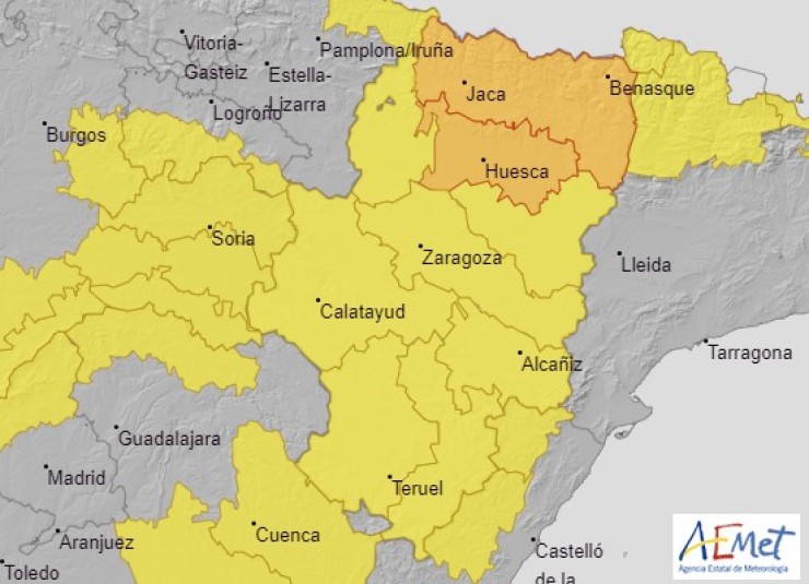 Mapa de avisos meteorológicos para Aragón para este viernes. | Aemet