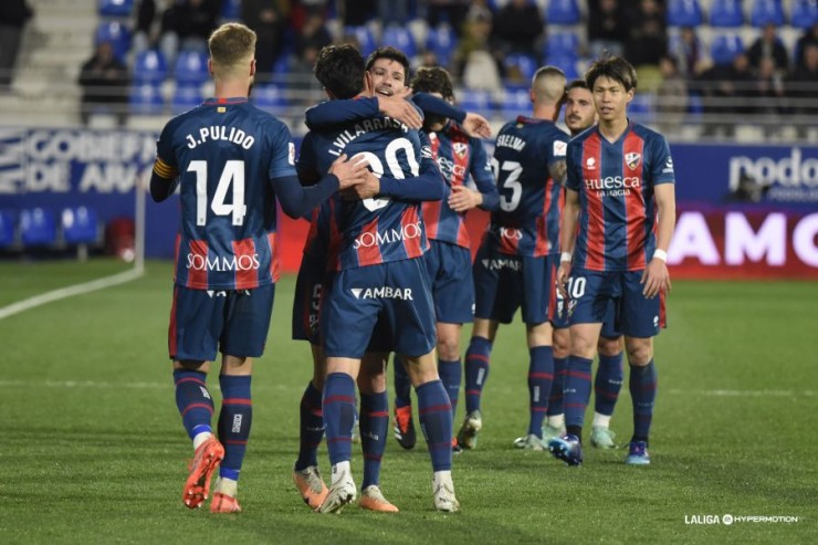 La SD Huesca celebra uno de sus goles contra el Andorra. Foto: LaLiga