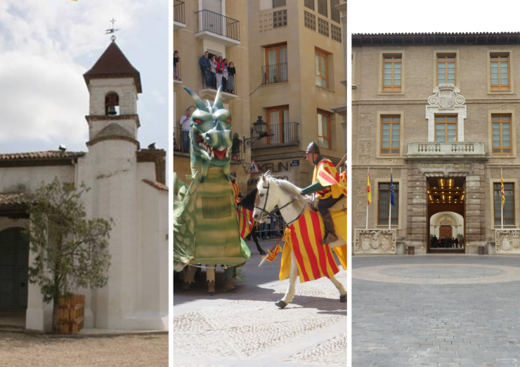 Ermita en honor a San Jorge, en Huesca; el Vencimiento del Dragón en Alcañiz, y el edificio Pignatelli.
